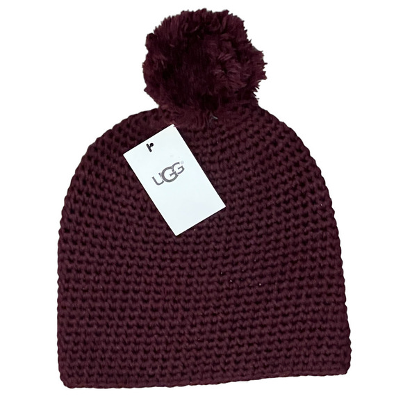 NWT UGG Yarn Pompom Knit Beanie IN PORT (O/S) - Picture 2 of 4